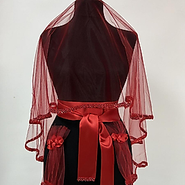 Kenarı Taş ve Boncuk İşli, Kırmızı, Gelin Duvak