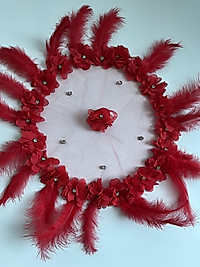 Gelin Halay Mendili, Kırmızı Lazer Çiçekli ve Tüylü